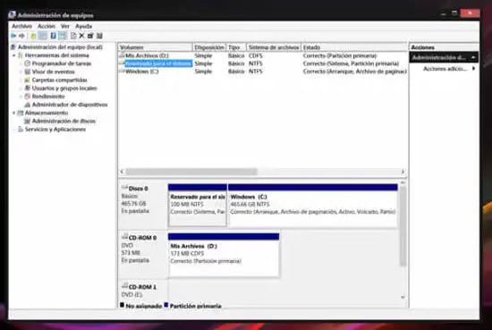 Visualización de partición reservada de Windows