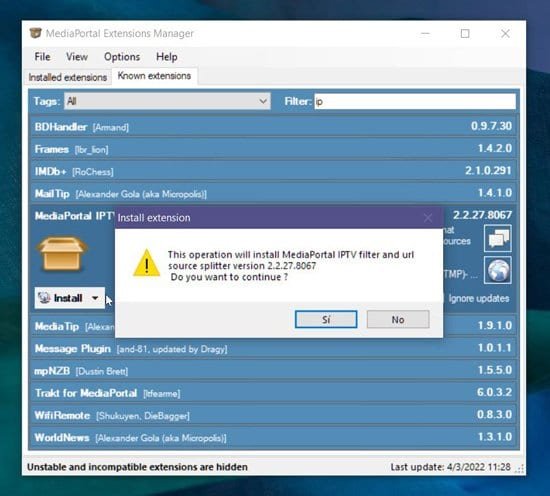 Instalar extensiones en MediaPortal