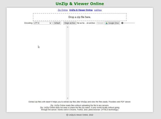 Pantalla del servicio UnZip & Viewer Online