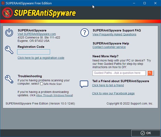Ayuda y registro en SUPERAntiSpyware
